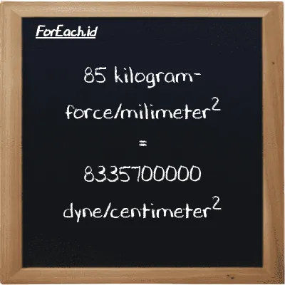 85 kilogram-force/milimeter<sup>2</sup> is equivalent to 8335700000 dyne/centimeter<sup>2</sup> (85 kgf/mm<sup>2</sup> is equivalent to 8335700000 dyn/cm<sup>2</sup>)